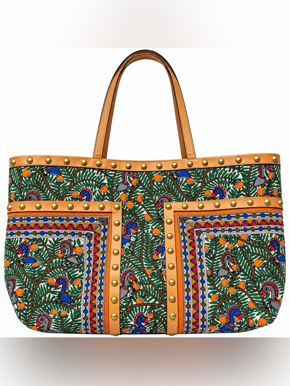 Tory Burch Large Leather Trim Printed Canvas Studded Tote Bag Multicolor Rare